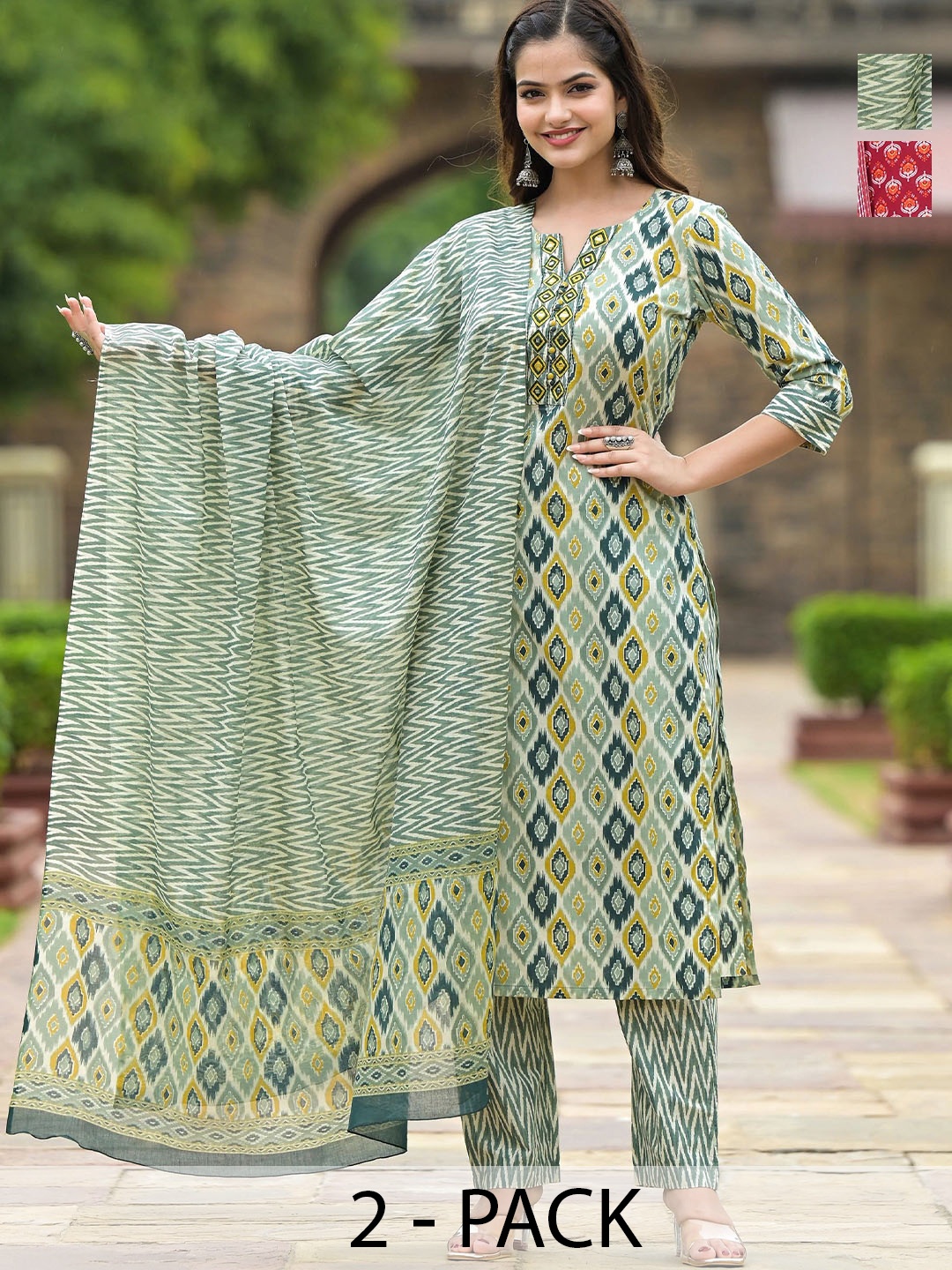 

KALINI Women Ethnic Motifs Printed Regular Kurta with Trousers & With Dupatta, Green