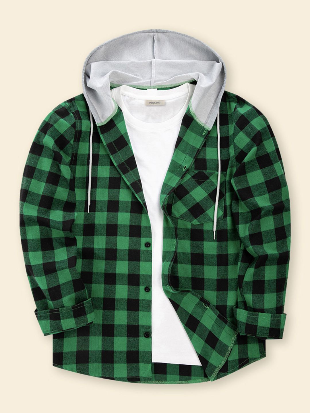 

StyleCast Men Classic Checked Hooded Casual Shirt, Green