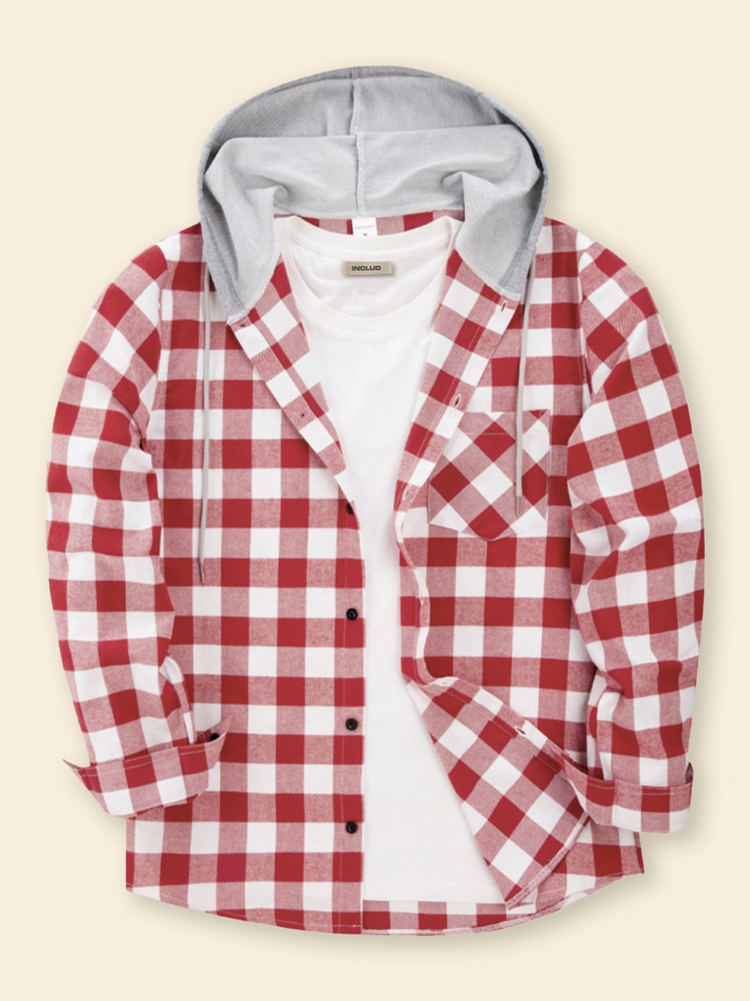 

StyleCast Men Classic Checked Hooded Casual Shirt, Red