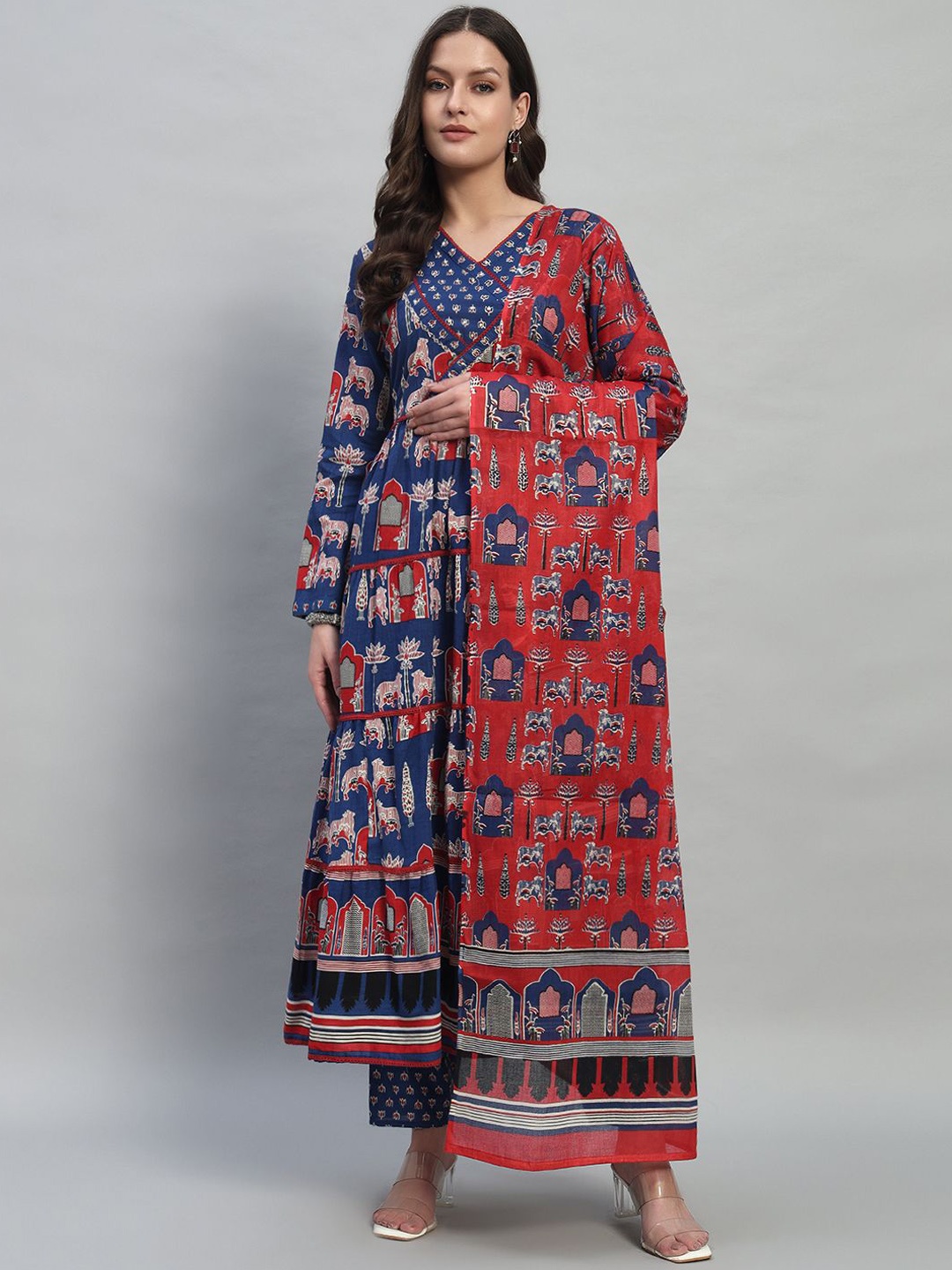 

PIDER Women Printed Regular Pure Cotton Kurta with Palazzos & With Dupatta, Blue