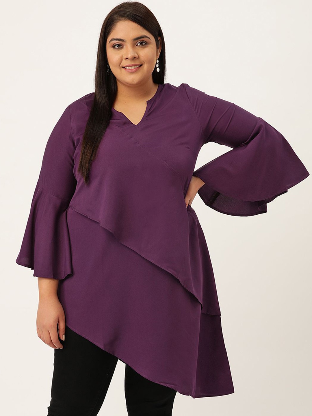 

theRebelinme Women Plus Size Bell Sleeve Layered Crepe Longline Top, Purple