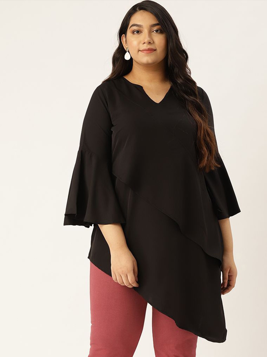 

theRebelinme Women Plus Size Bell Sleeves Layered Longline Top, Black