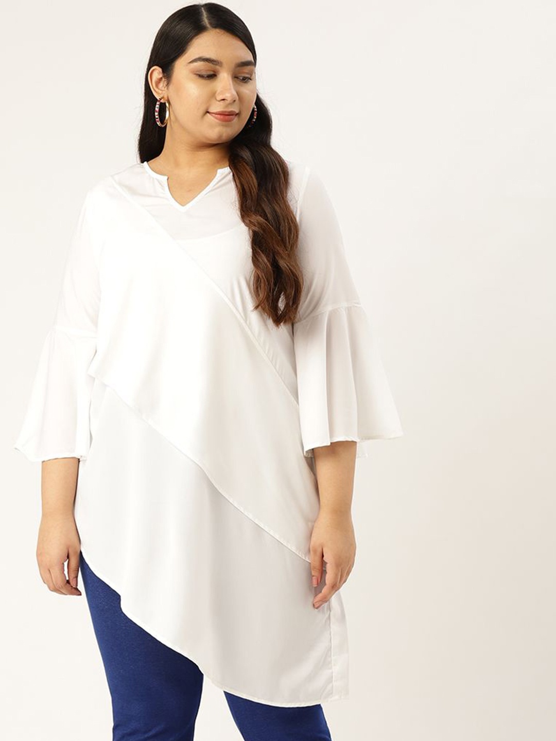 

theRebelinme Women Plus Size Bell Sleeve Layered Longline Top, White