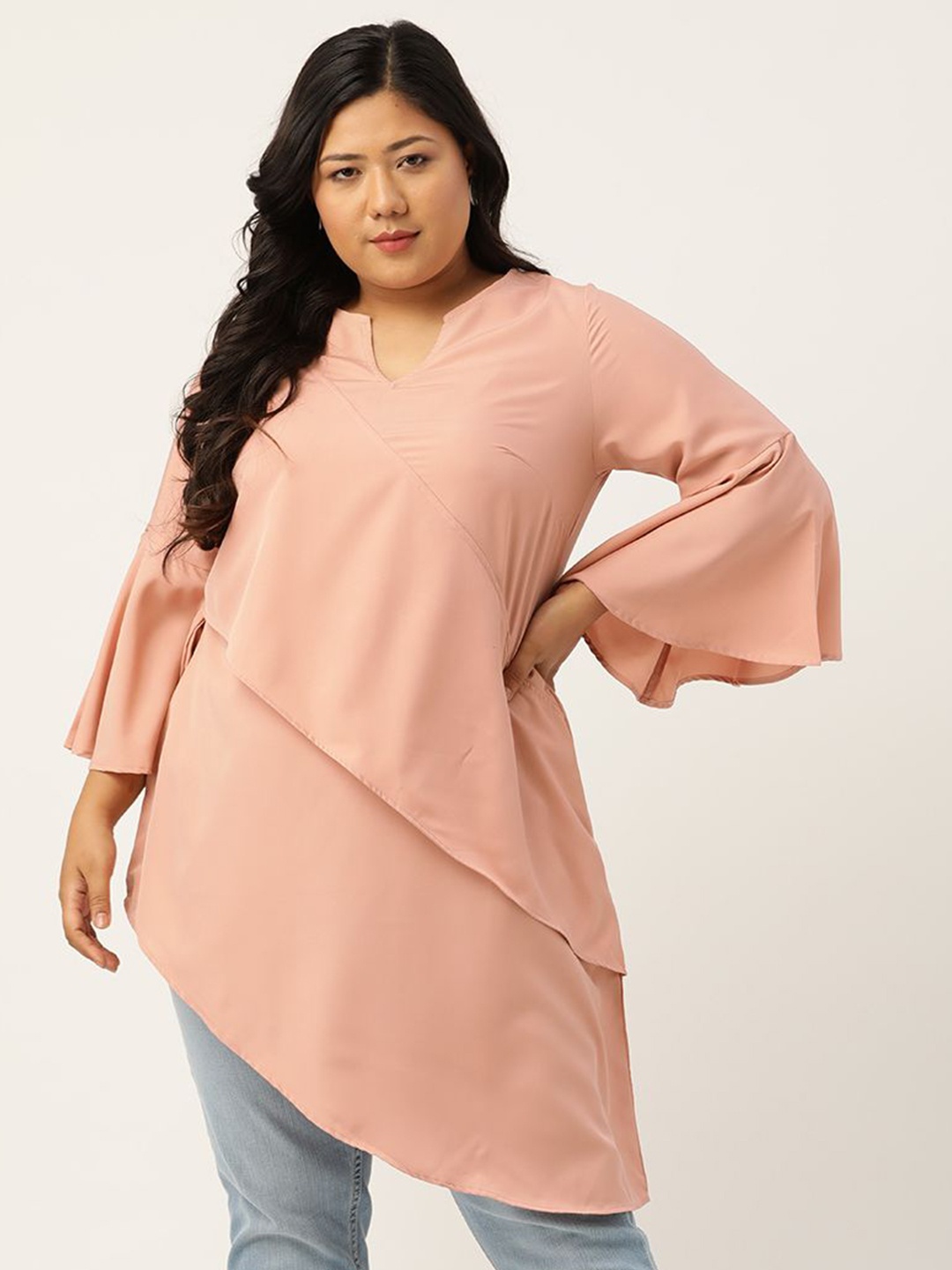 

theRebelinme Women Plus Size Bell Sleeve Layered Crepe Longline Top, Rose