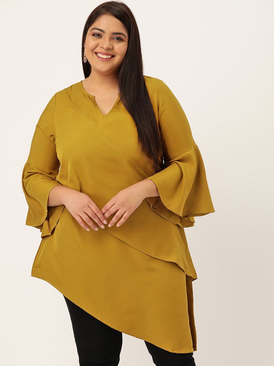 

theRebelinme Women Plus Size Bell Sleeve Layered Longline Top, Mustard