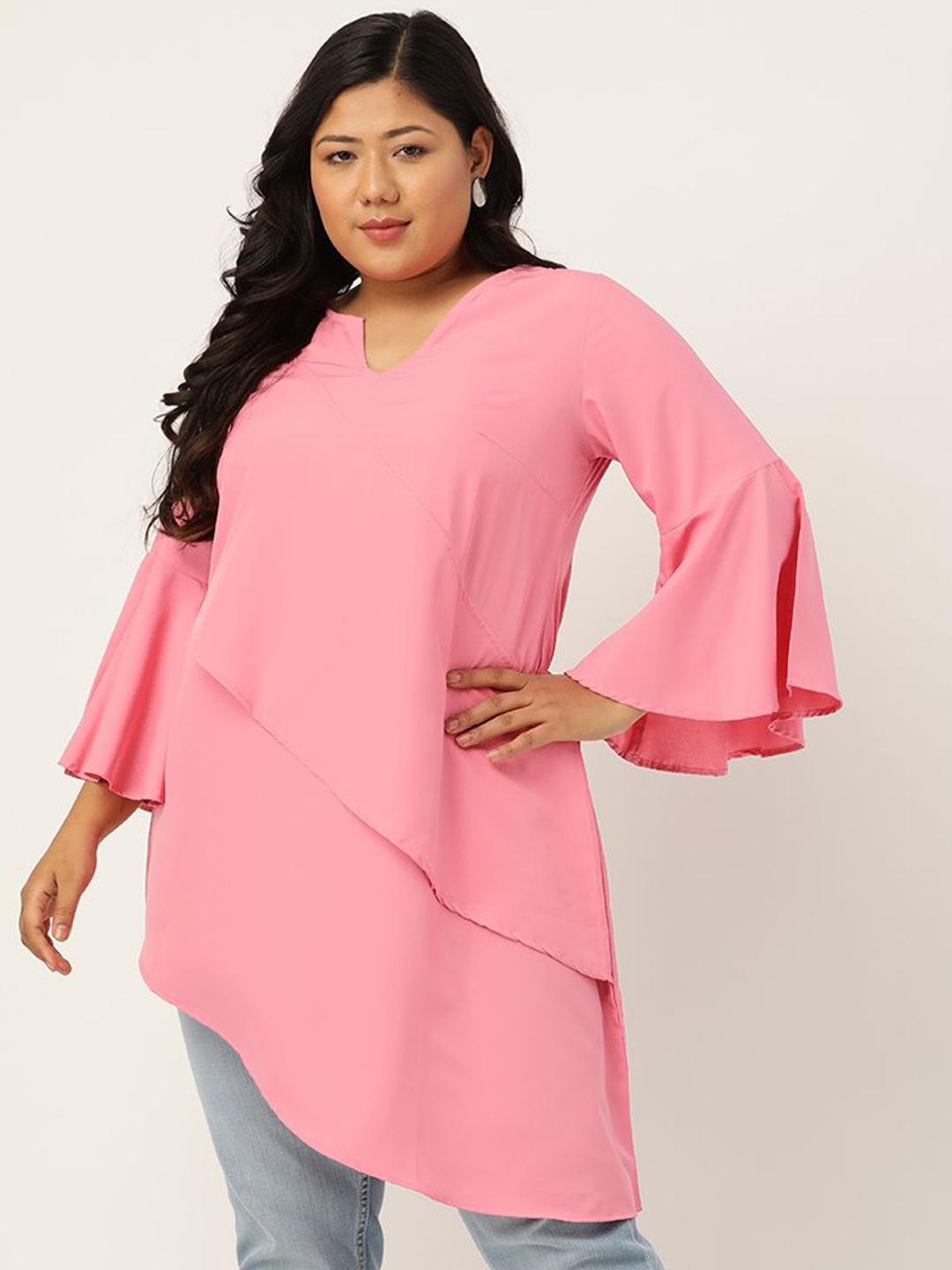 

theRebelinme Women Plus Size Layered Longline A-Line Top, Pink