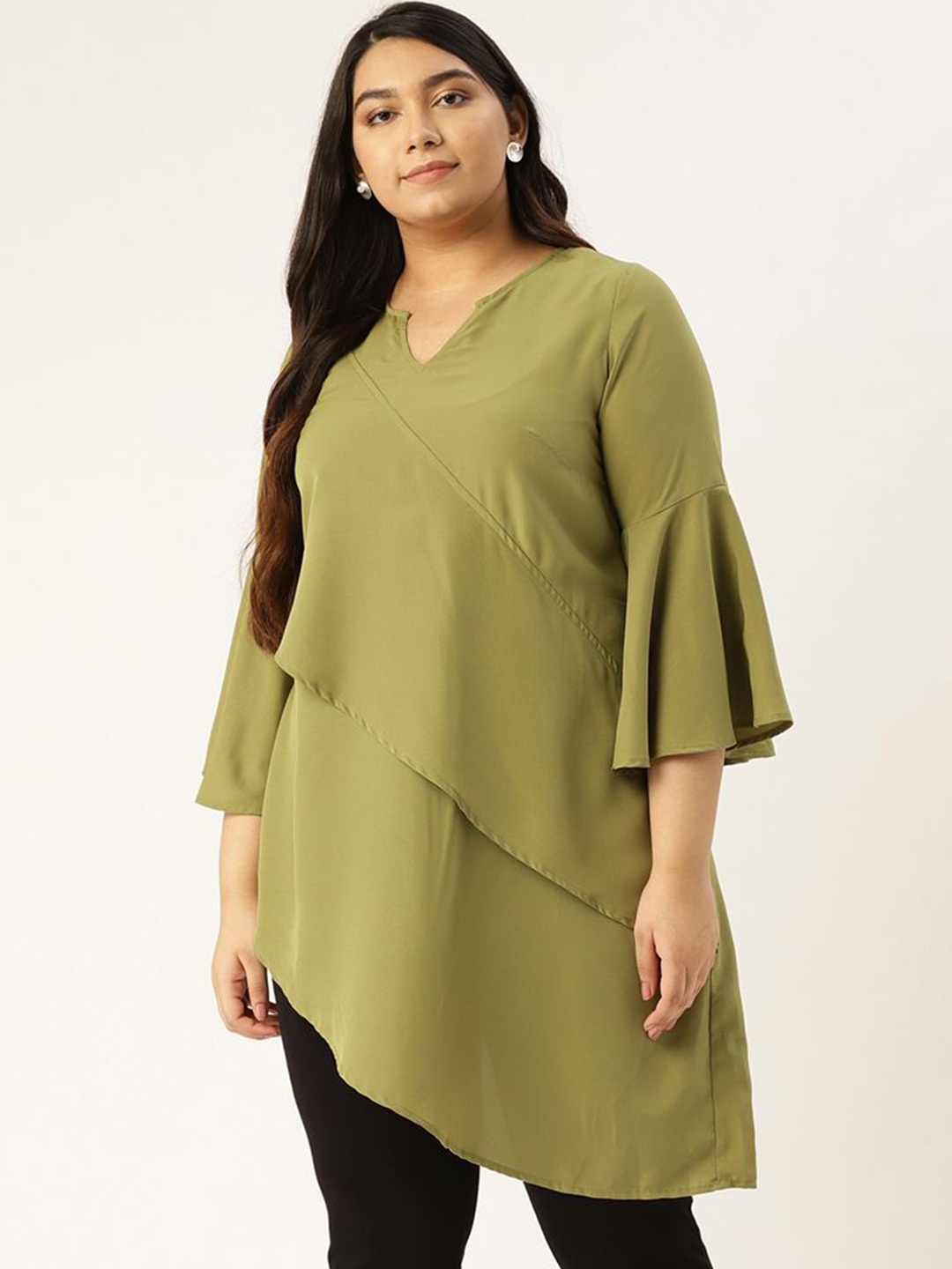 

theRebelinme Women Plus Size Bell Sleeves Layered Longline Top, Green