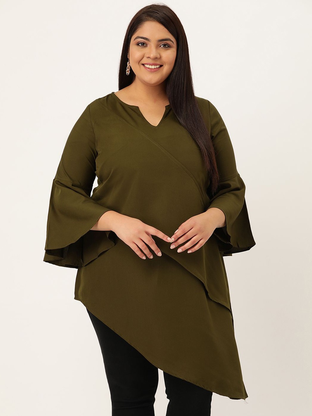 

theRebelinme Women V-Neck Layered Plus Size Longline Top, Olive