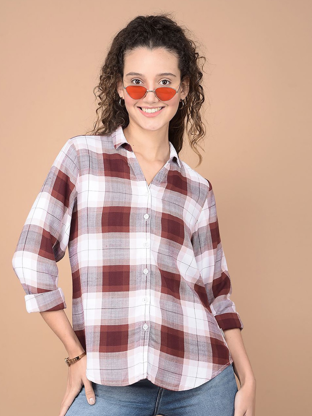 

Crimsoune Club Women Classic Slim Fit Spread Collar Tartan Checked Cotton Casual Shirt, Brown