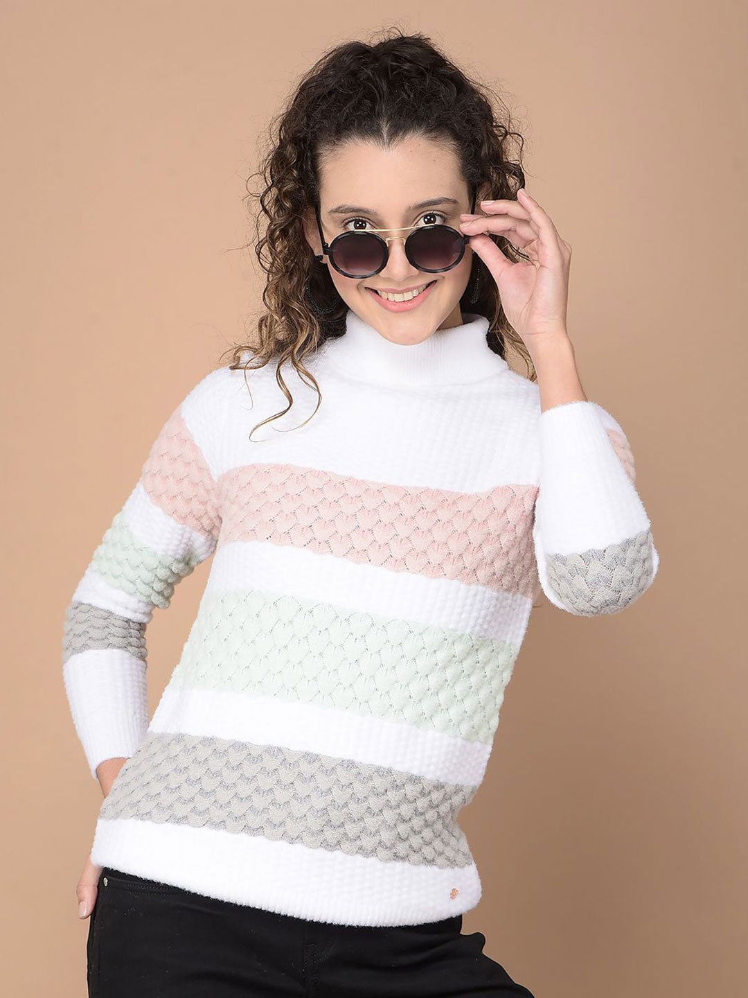 

Crimsoune Club Women Striped High Neck Pullover, White