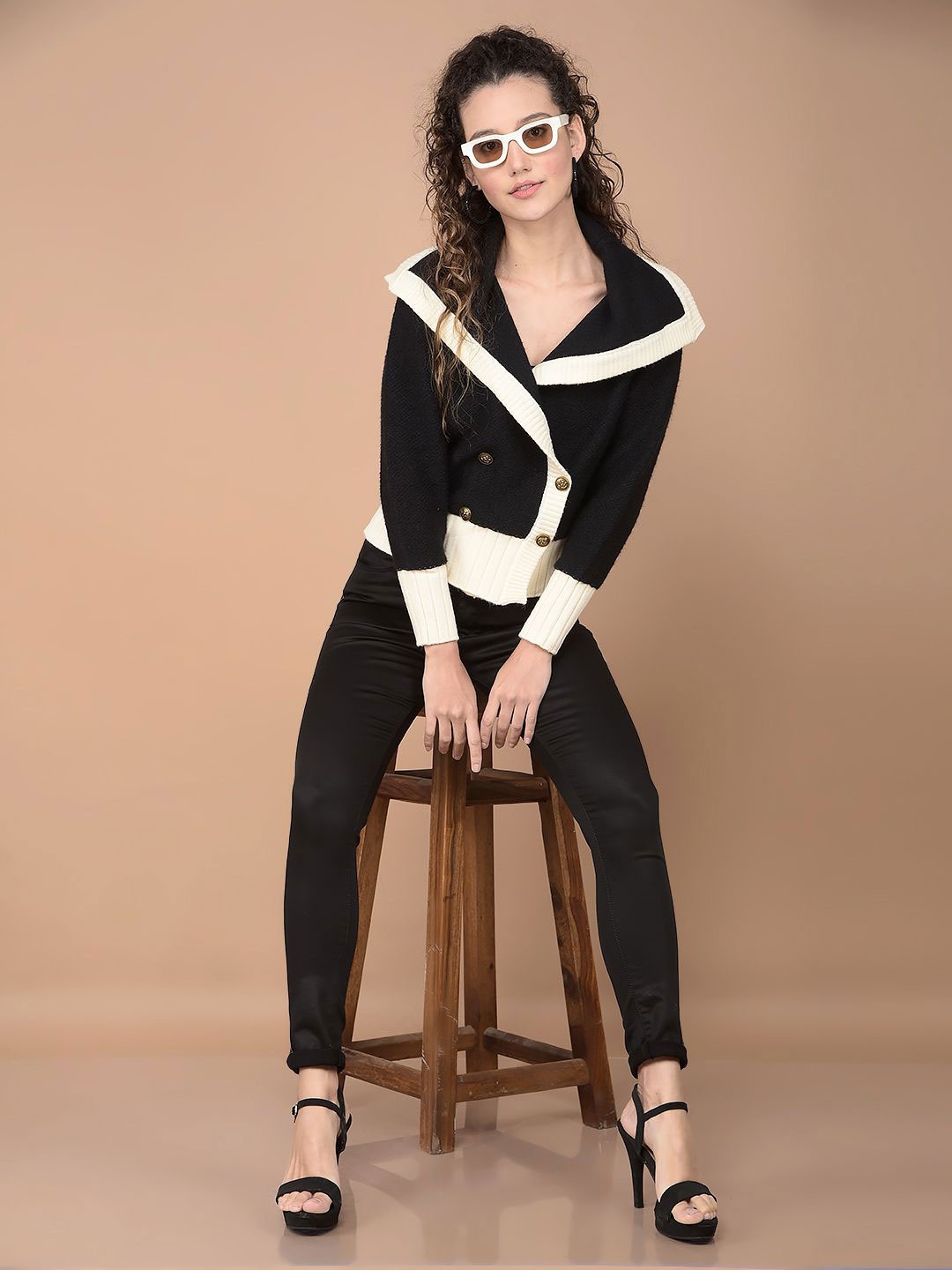 

Crimsoune Club Women Colourblocked Shawl Collar Cardigan, Black
