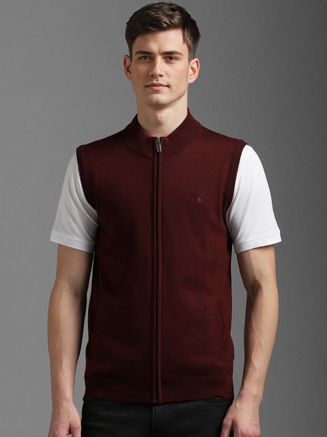 

Louis Philippe Men Round Neck Sleeveless Sweater, Maroon