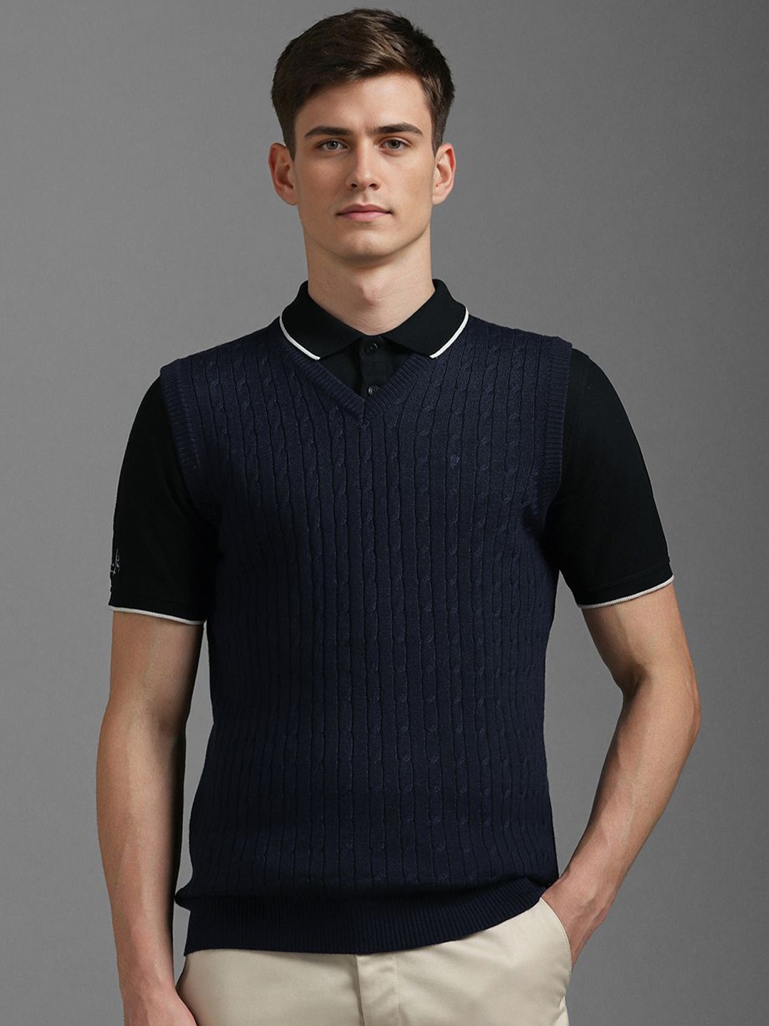 

Louis Philippe Men Self Design Sweater Vest, Navy blue