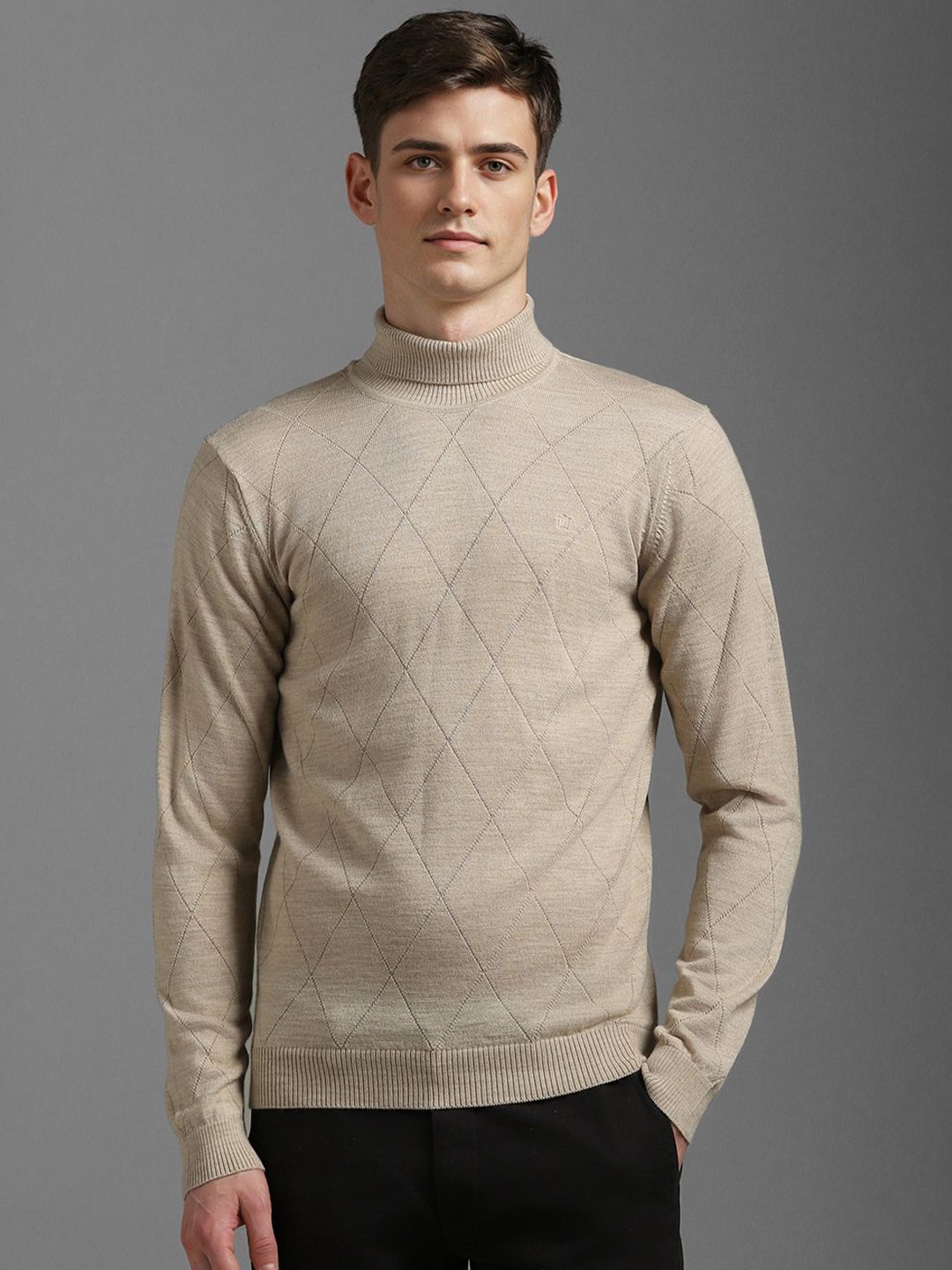 

Louis Philippe Men Self Design Turtle Neck Pullover, Beige