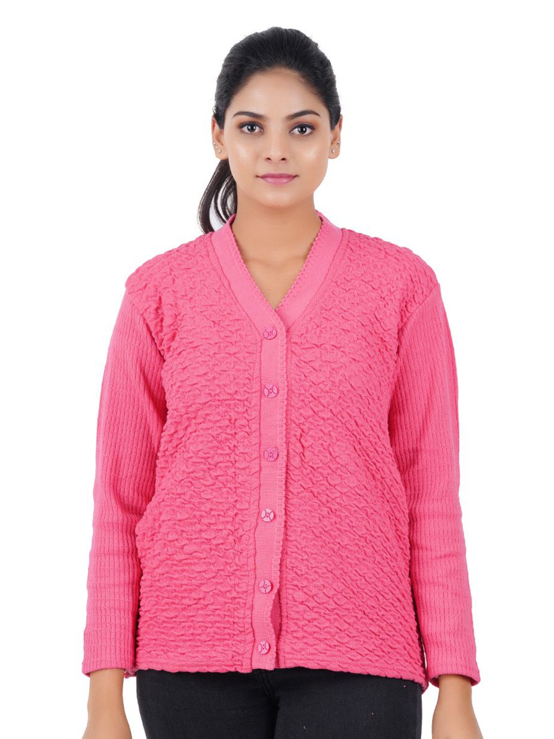 

GUIDE Women Woollen V-Neck Cardigan, Pink