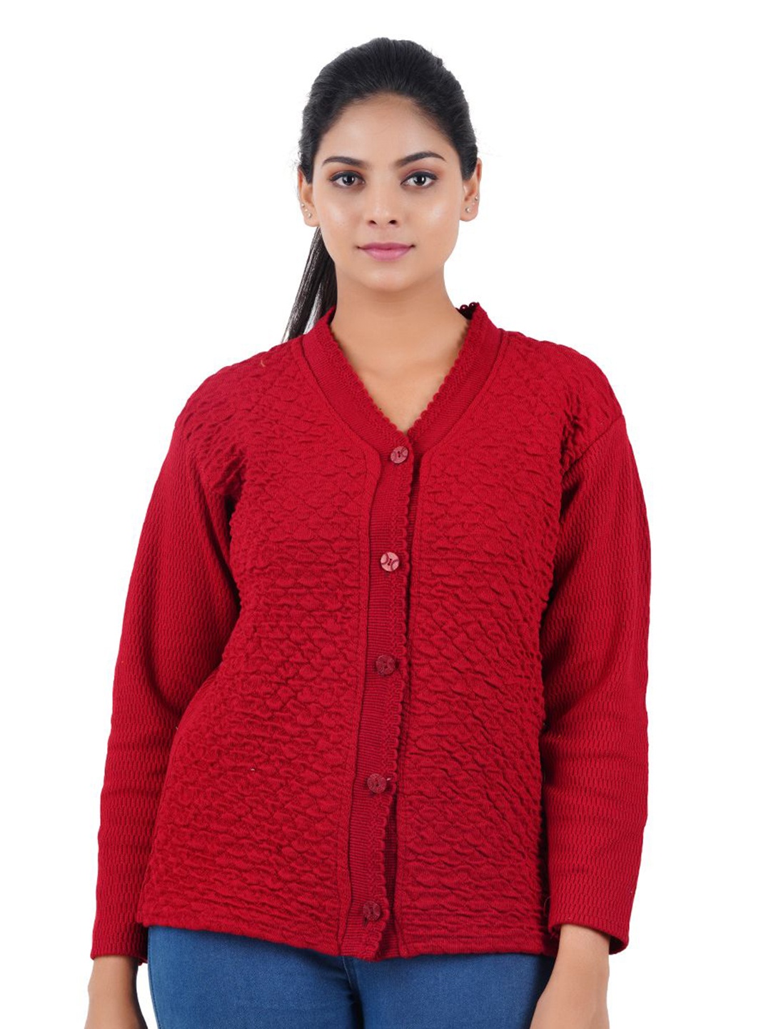 

GUIDE Women Self Design V-Neck Woollen Cardigan, Maroon