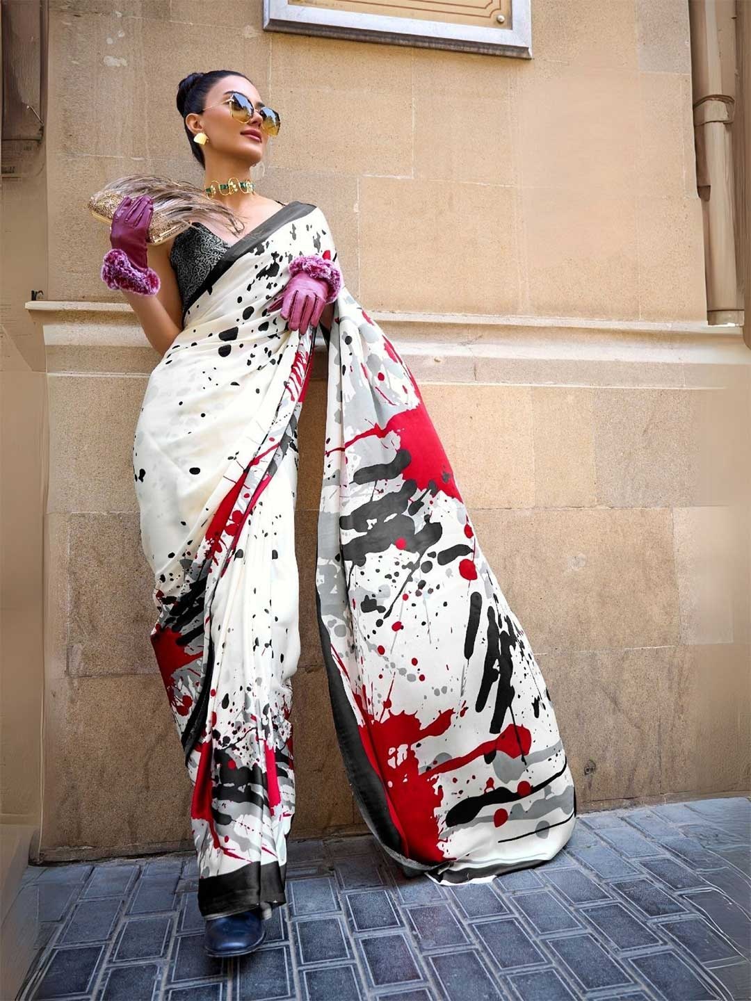 

ODETTE Satin Printed Saree With Unstitched Blouse, White