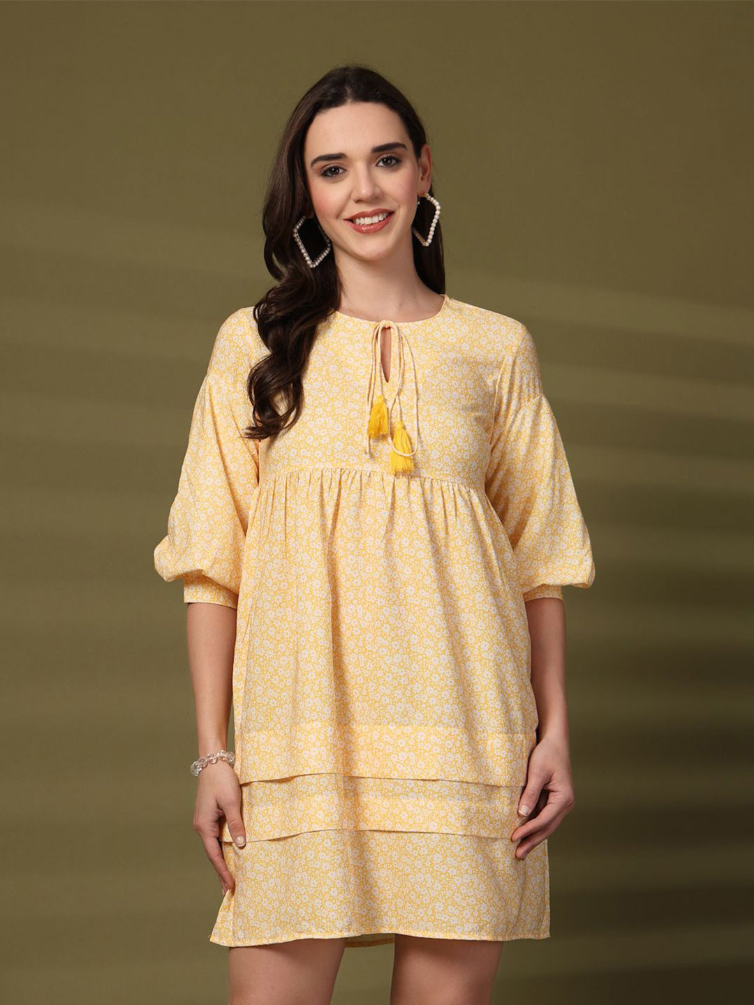 

Rue Collection Floral Printed Tie-Up Neck Fit & Flare Dress, Yellow