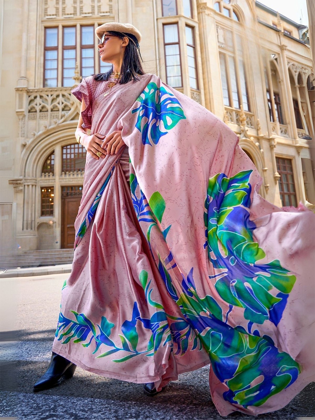 

Odette Blush Pink Satin Printed Saree With Unstitched Blouse