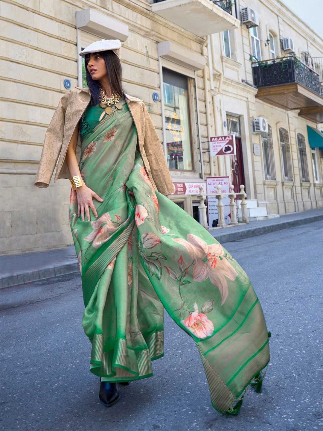 

Odette Green Satin Printed Saree With Unstitched Blouse For Women