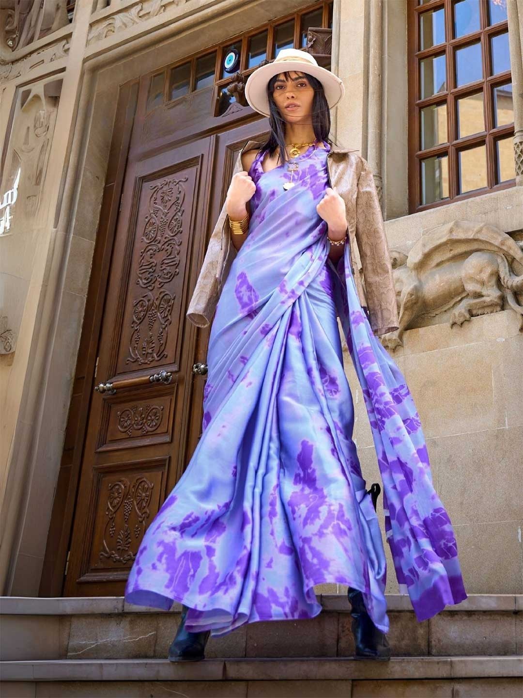 

ODETTE Purple Satin Abstract Printed Satin Saree With Unstitched Blouse