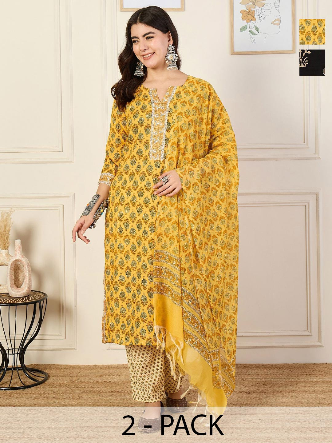 

KALINI Women Ethnic Motifs Printed Regular Kurta with Trousers & With Dupatta, Yellow