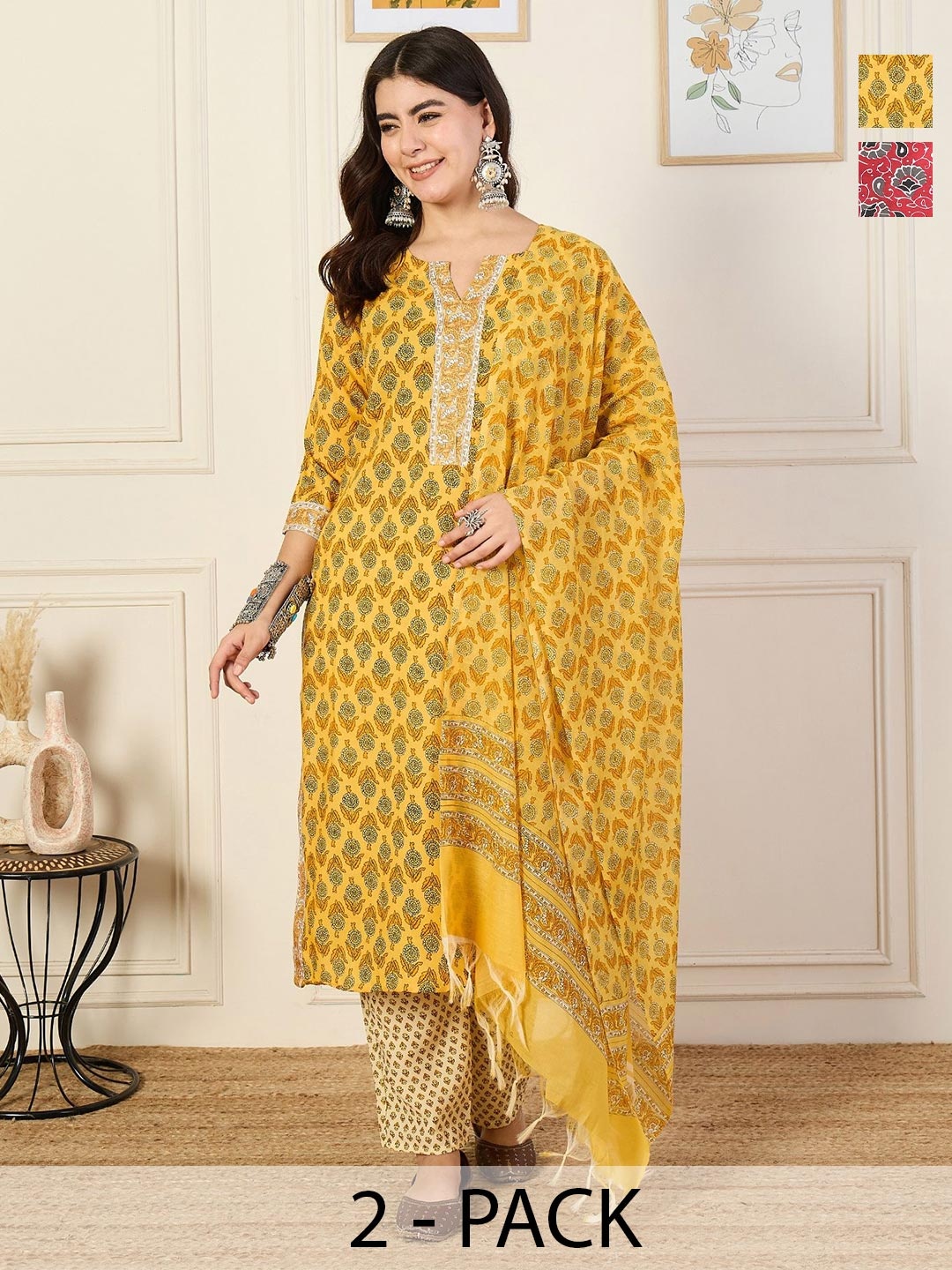 

KALINI Women Ethnic Motifs Printed Regular Kurta with Trousers & With Dupatta, Yellow