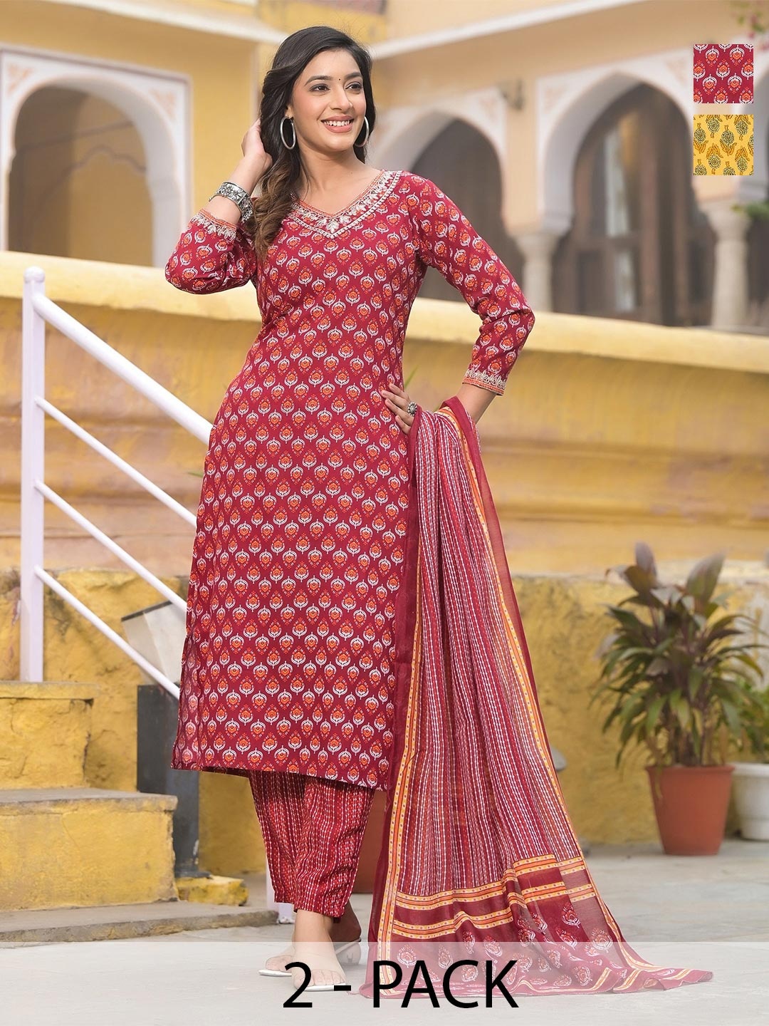 

KALINI Women Ethnic Motifs Printed Regular Kurta with Trousers & With Dupatta, Red