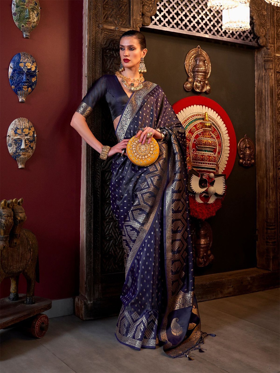 

Odette Satin Woven Saree With Unstitched Blouse For Women, Navy blue