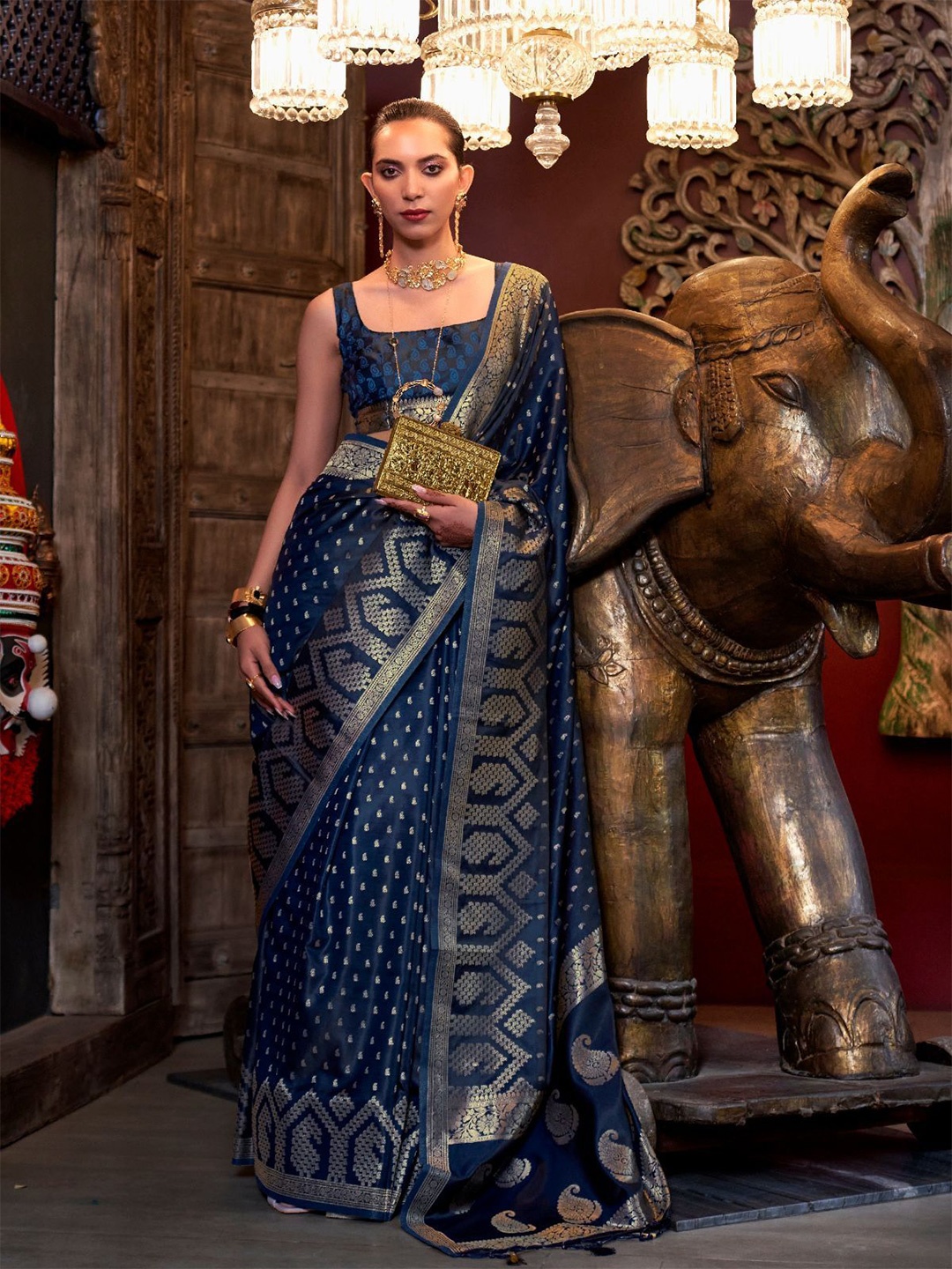 

ODETTE Satin Woven Saree With Unstitched Blouse For Women, Blue