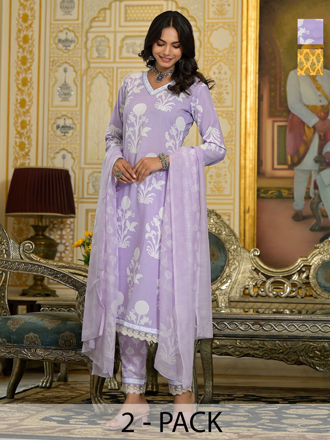 

KALINI Women Ethnic Motifs Printed Regular Kurta with Trousers & With Dupatta, Yellow