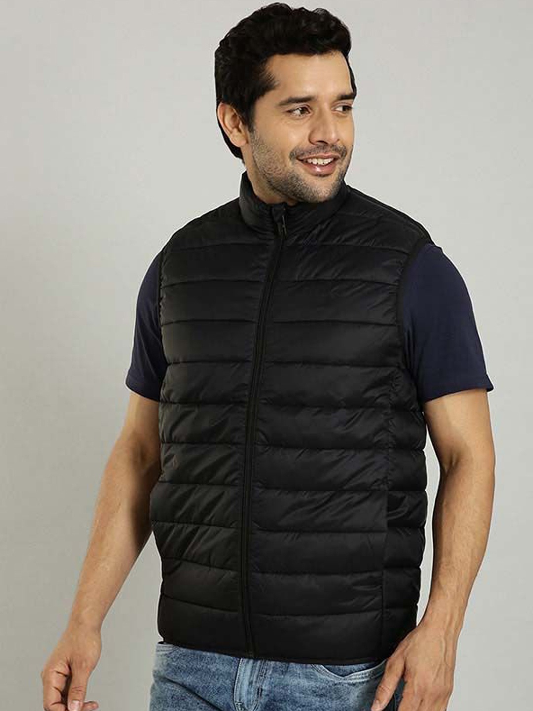 

Indian Terrain Men Mock Collar Solid Casual Insulator Gilet Jacket, Black