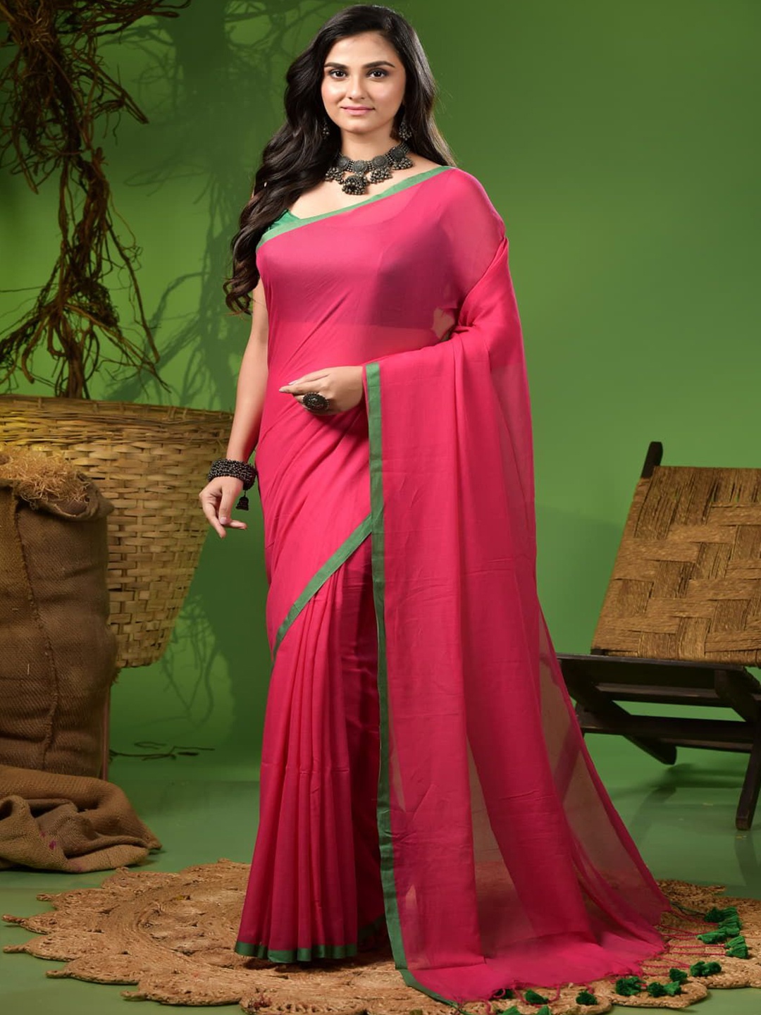

T.J. SAREES Solid Soft Mull Cotton Saree, Pink