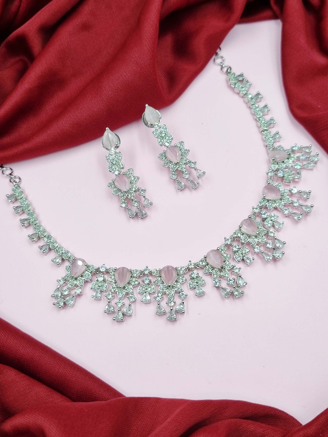

AARNAA Women Silver-Plated Pink & White CZ-Studded Jewellery Set