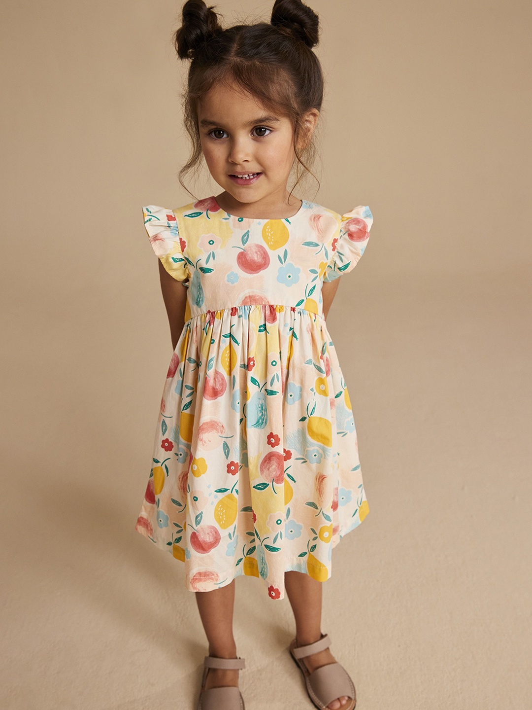 

mothercare Girls Floral Printed Flutter Sleeve Fit & Flare Dress, Cream