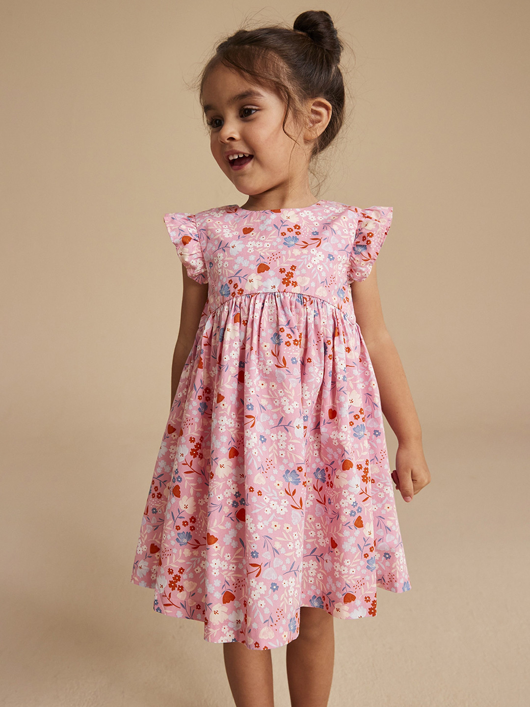 

mothercare Girls Floral Printed Cotton Peplum Dress, Pink