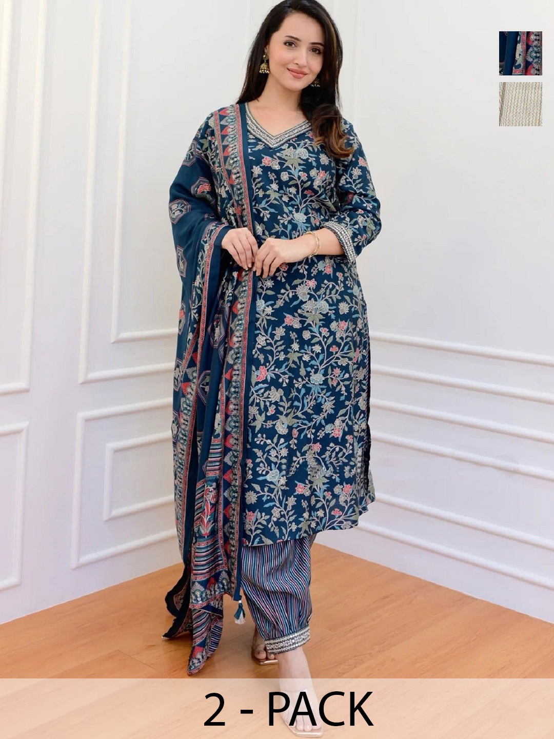 

KALINI Women Ethnic Motifs Printed Regular Kurta with Trousers & With Dupatta, Navy blue