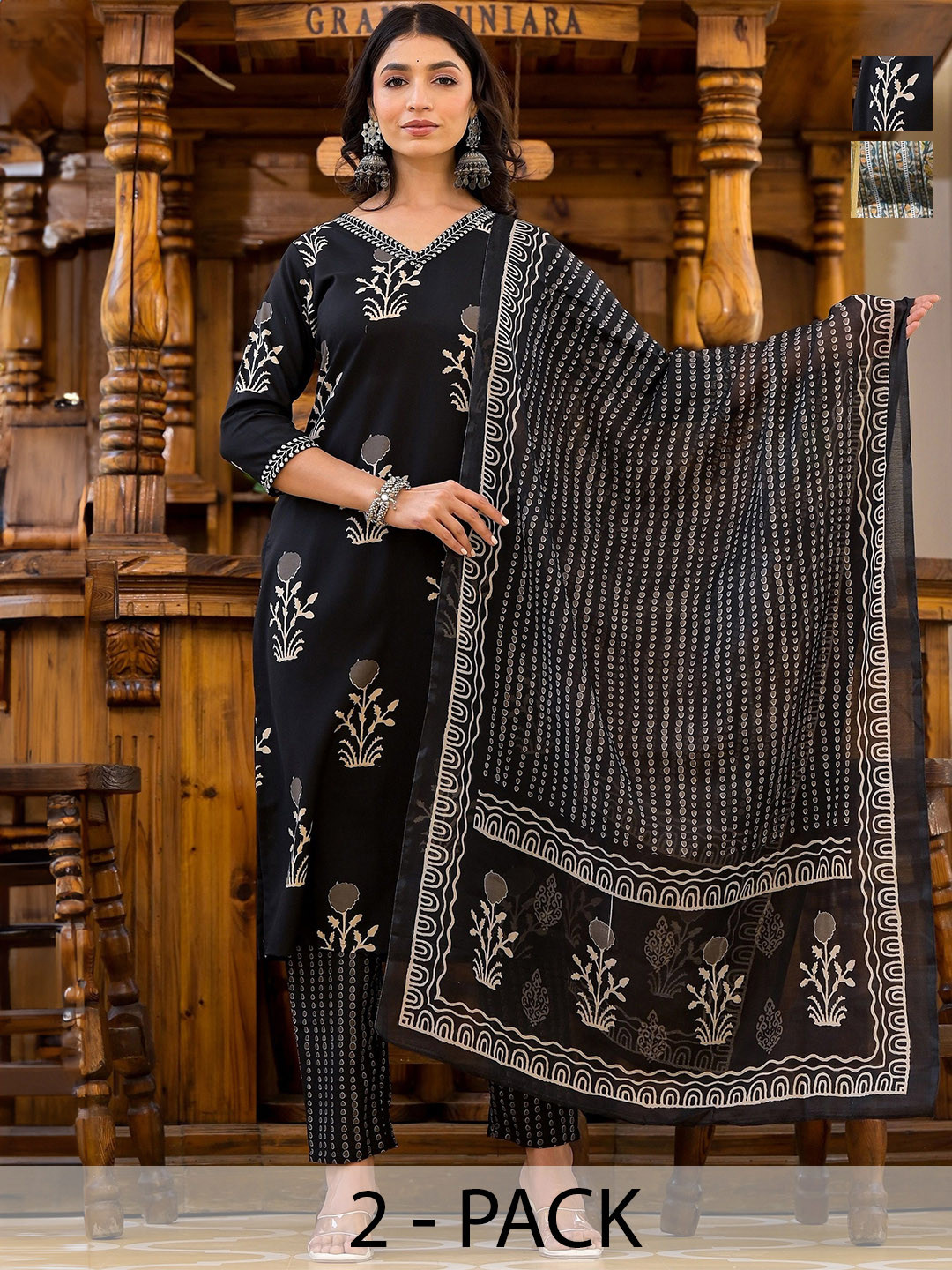 

KALINI Women Ethnic Motifs Printed Regular Kurta with Trousers & With Dupatta, Black