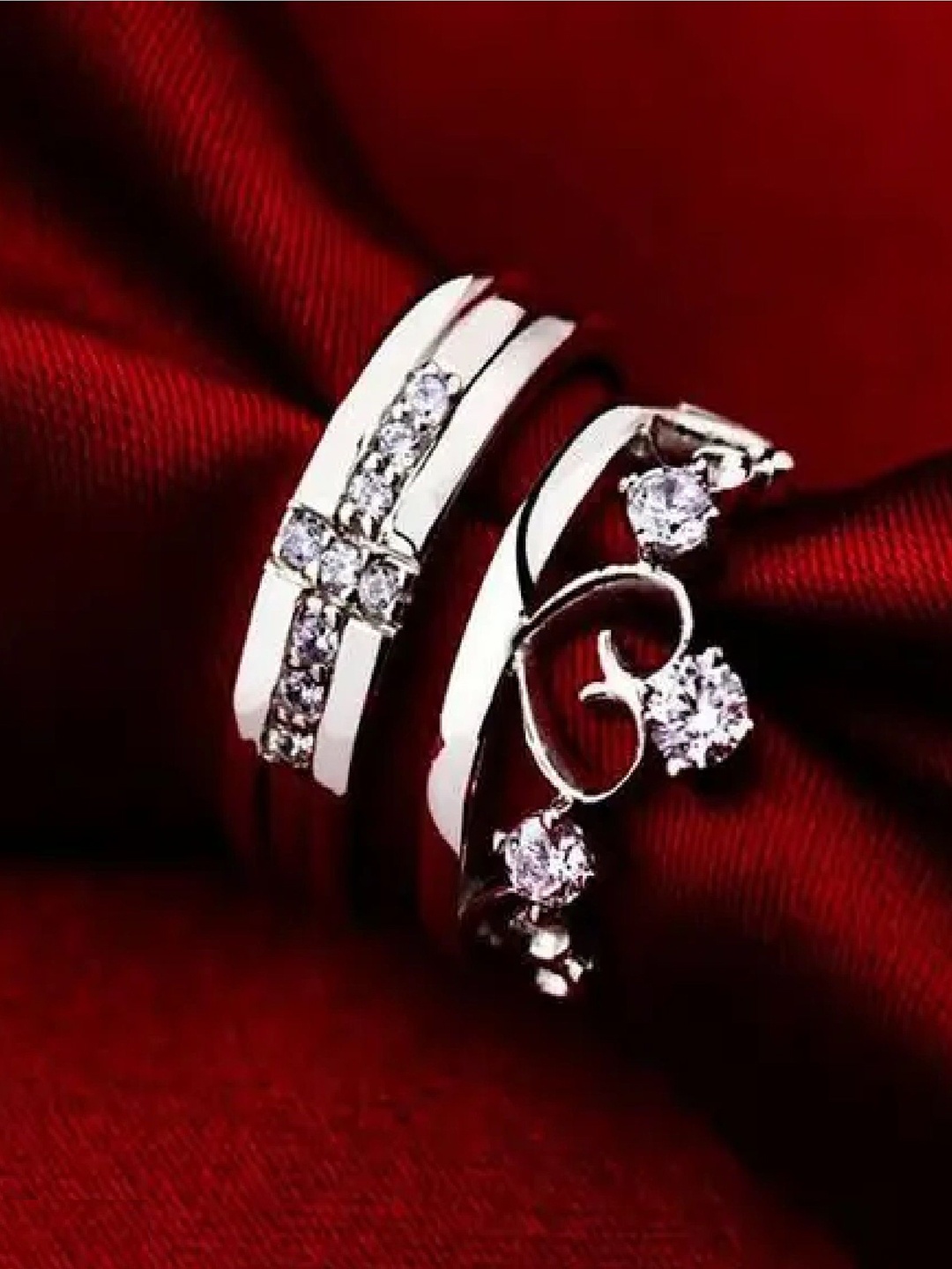 

RUHI COLLECTION Set Of 2 Silver-Plated CZ-Studded Couple Rings