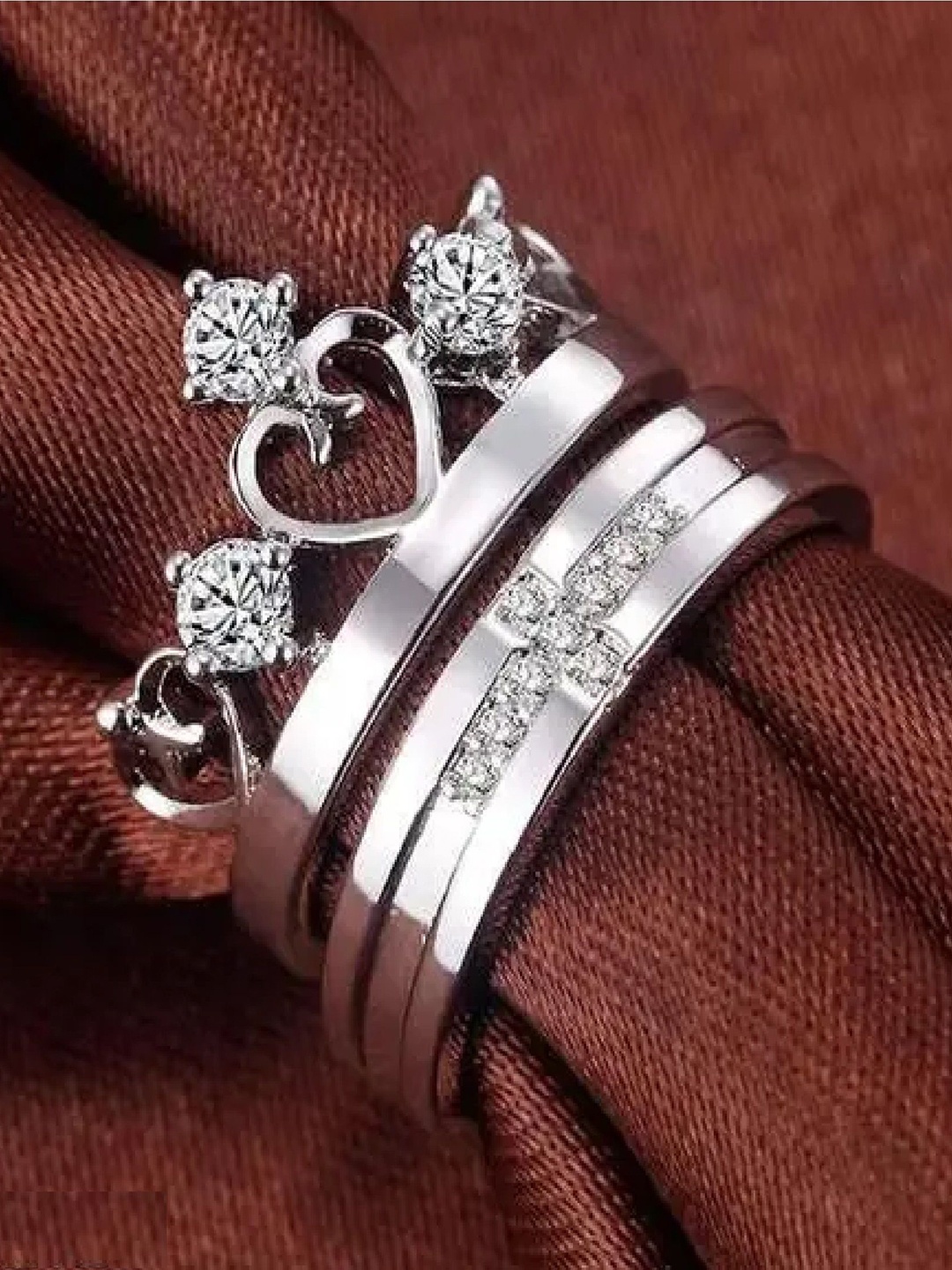 

RUHI COLLECTION Set Of 2 Silver-Plated Cubic Zirconia-Studded Couple Ring