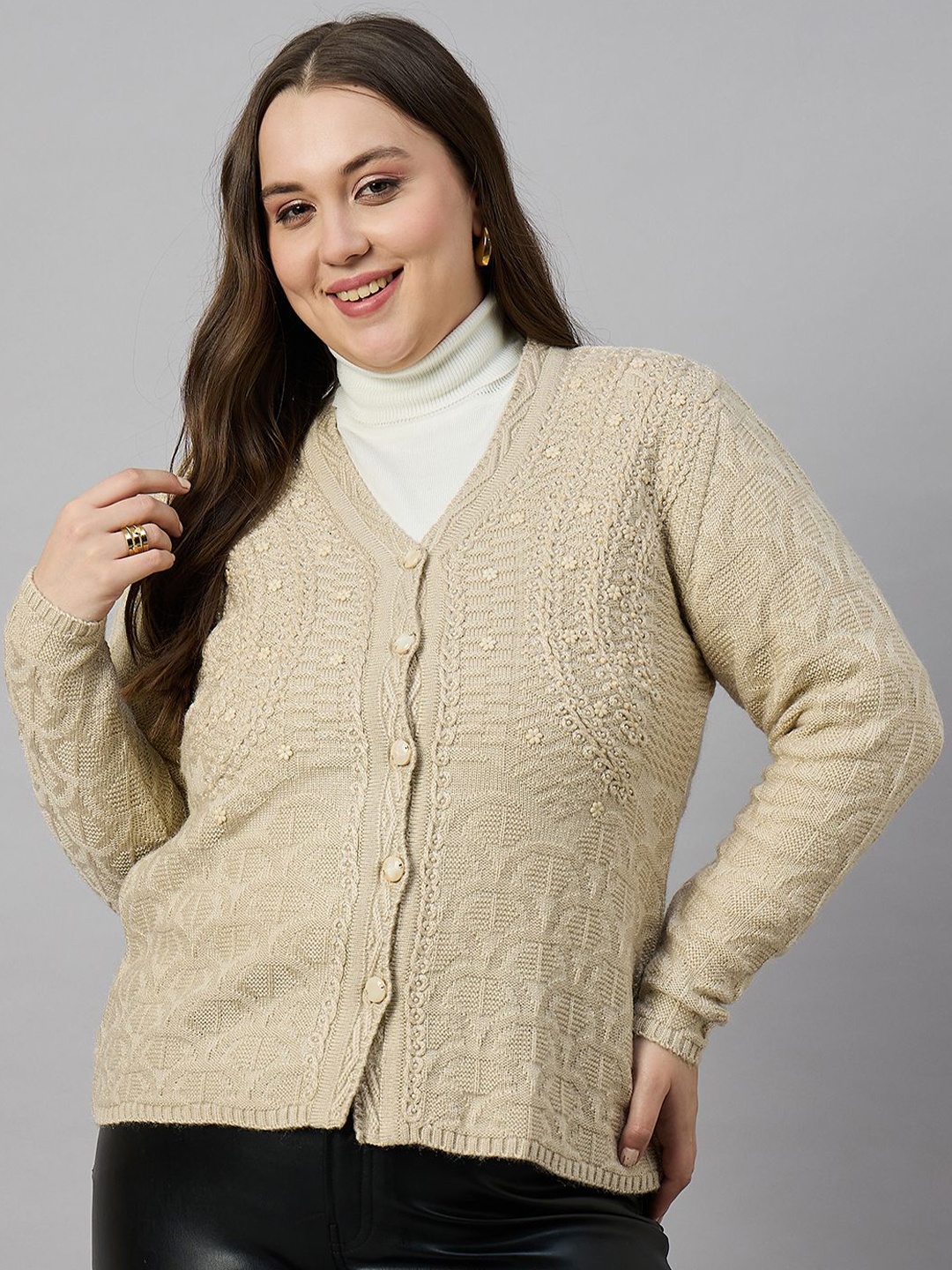 

Zigo Women Cable Knit V-Neck Woollen, Beige