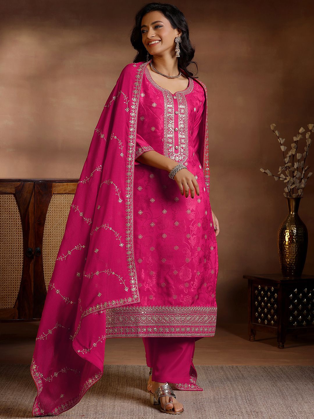 

Libas Women Floral Regular Kurta with Palazzos & With Dupatta, Pink