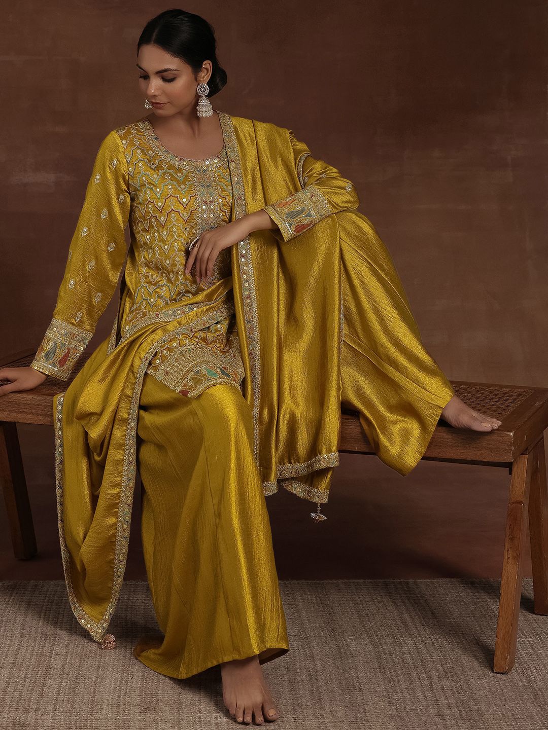 

Libas Women Ethnic Motifs Embroidered Regular Kurta with Palazzos & With Dupatta, Mustard