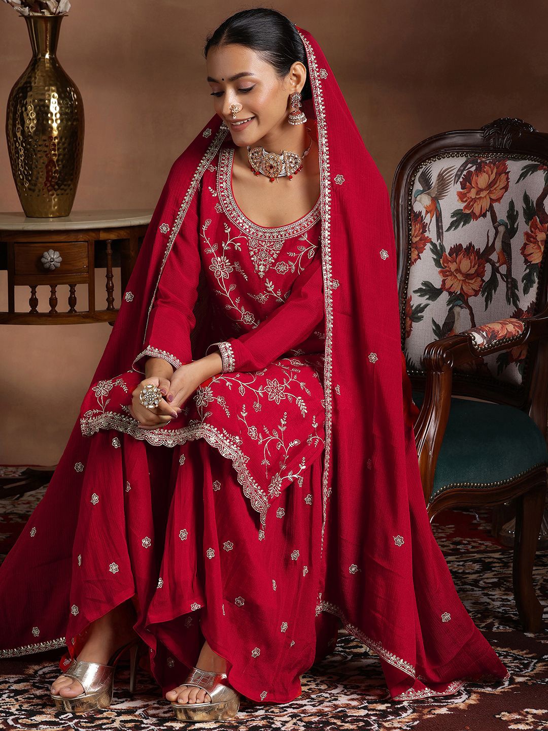 

Libas Women Floral Embroidered Regular Sequinned Kurta with Palazzos & With Dupatta, Red