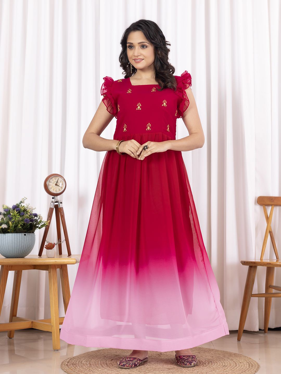 

Tilton Women Tie and Dye Embroidered Square Neck Sleeveless Fit & Flare Maxi Dress, Pink