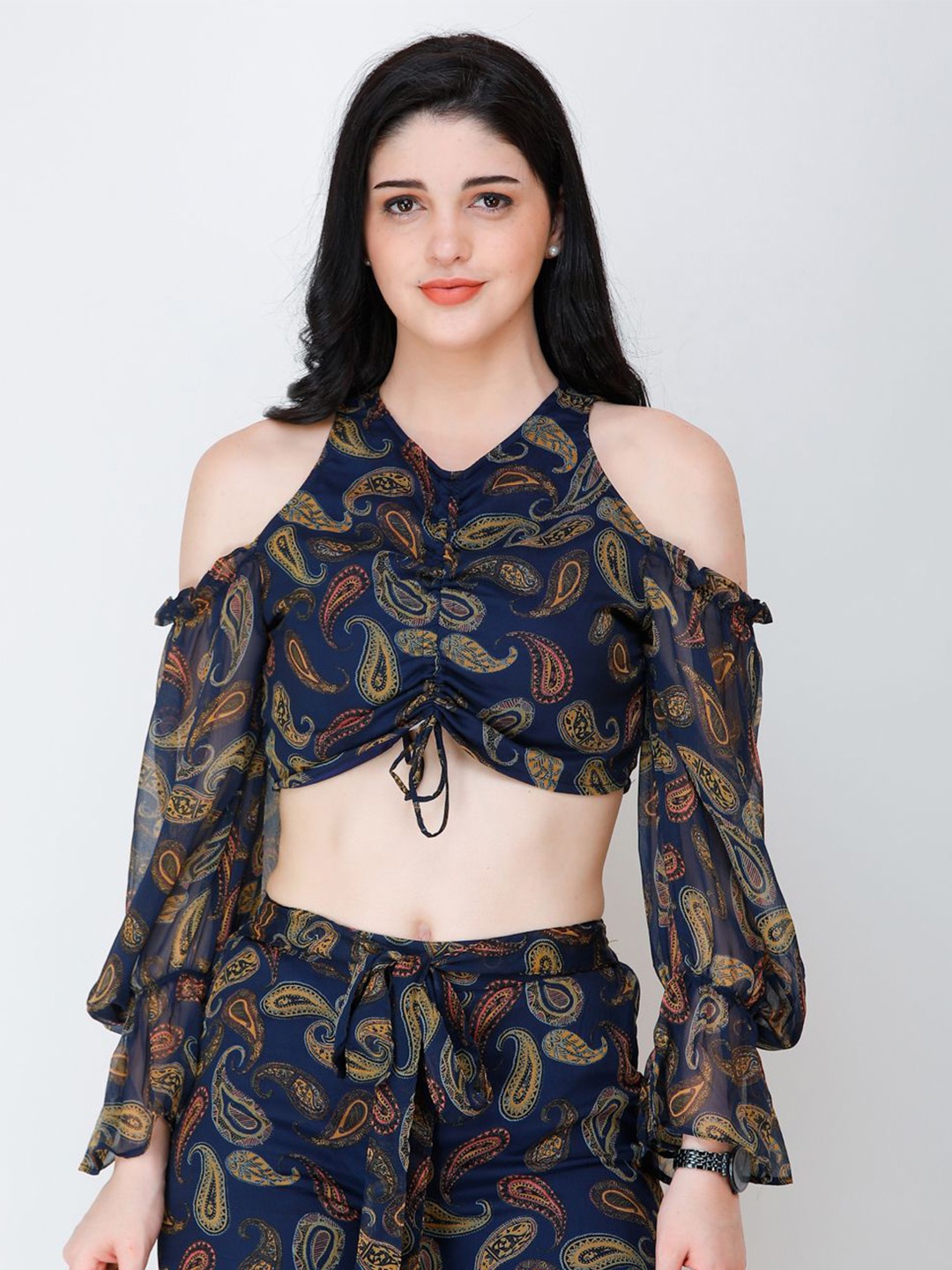 

BAESD Women Floral Print Cold-Shoulder Cinched Waist Top, Navy blue
