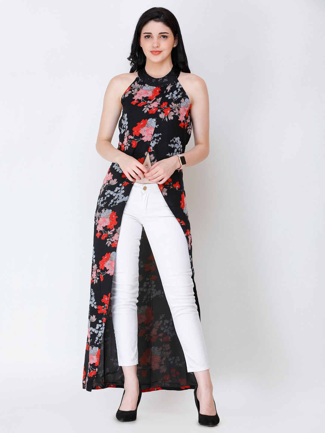

BAESD Women Floral Print Maxi Longline Top, Black