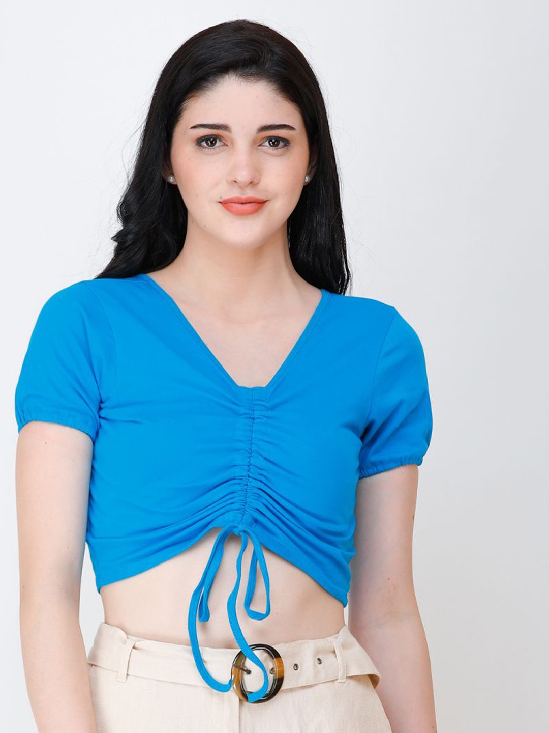 

BAESD V-Neck Fitted Crop Top, Turquoise blue