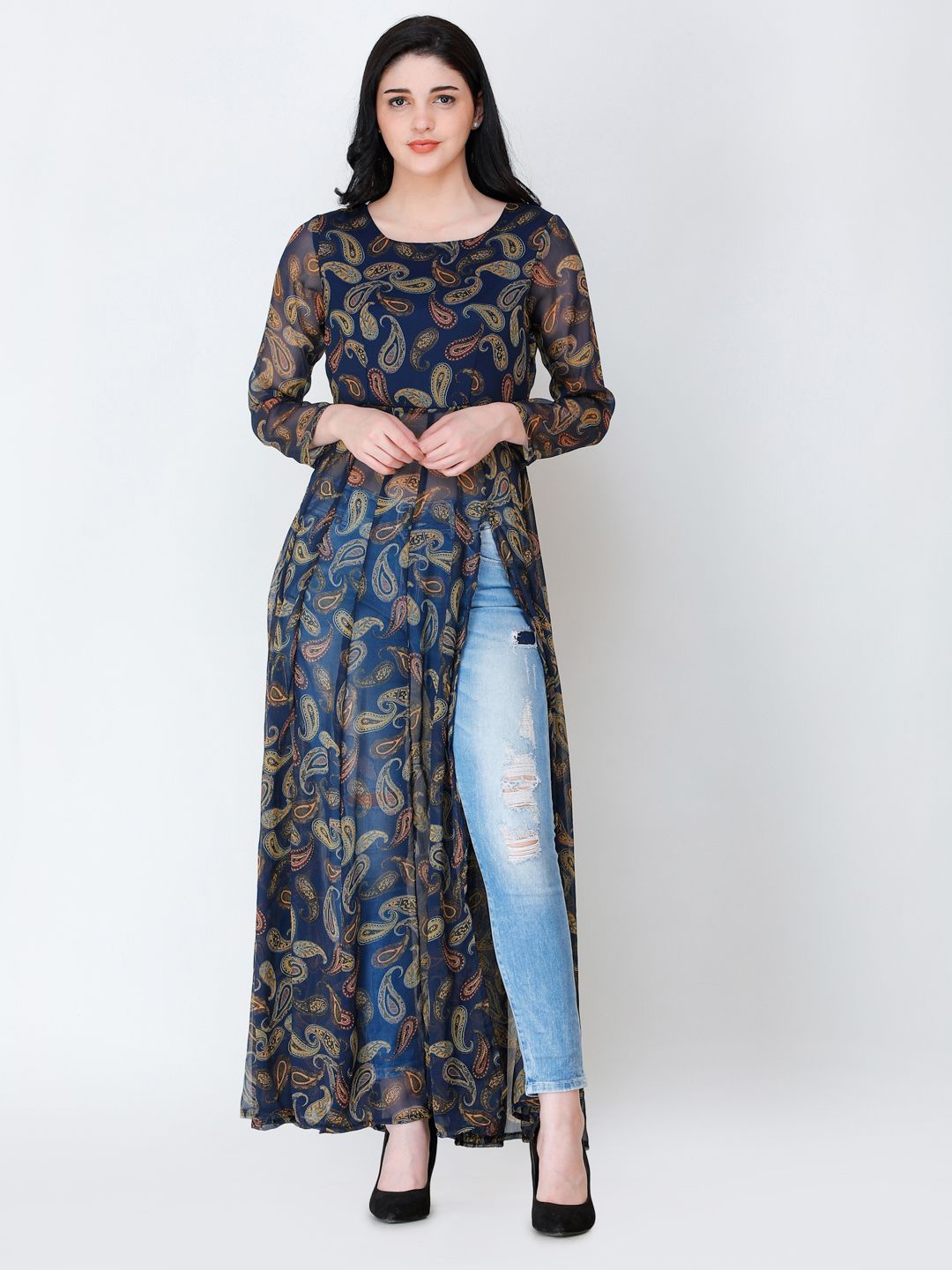 

BAESD Women Ethnic Motifs Printed Chiffon Maxi Longline Top, Navy blue