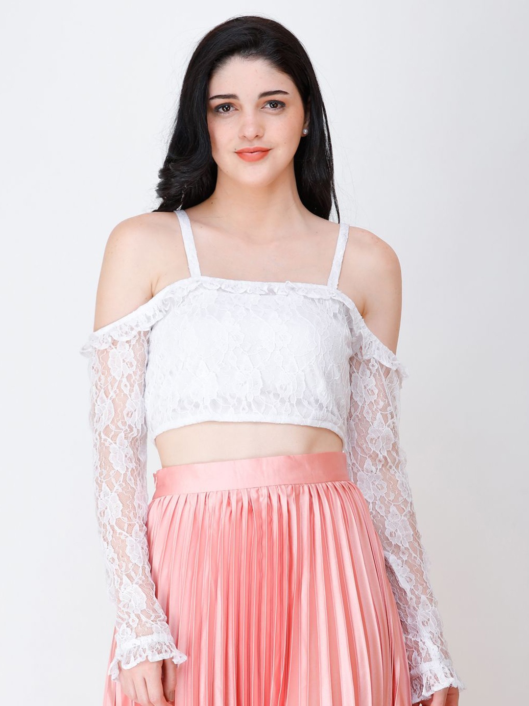 

BAESD Women Cold-Shoulder Net Bardot Crop Top, White